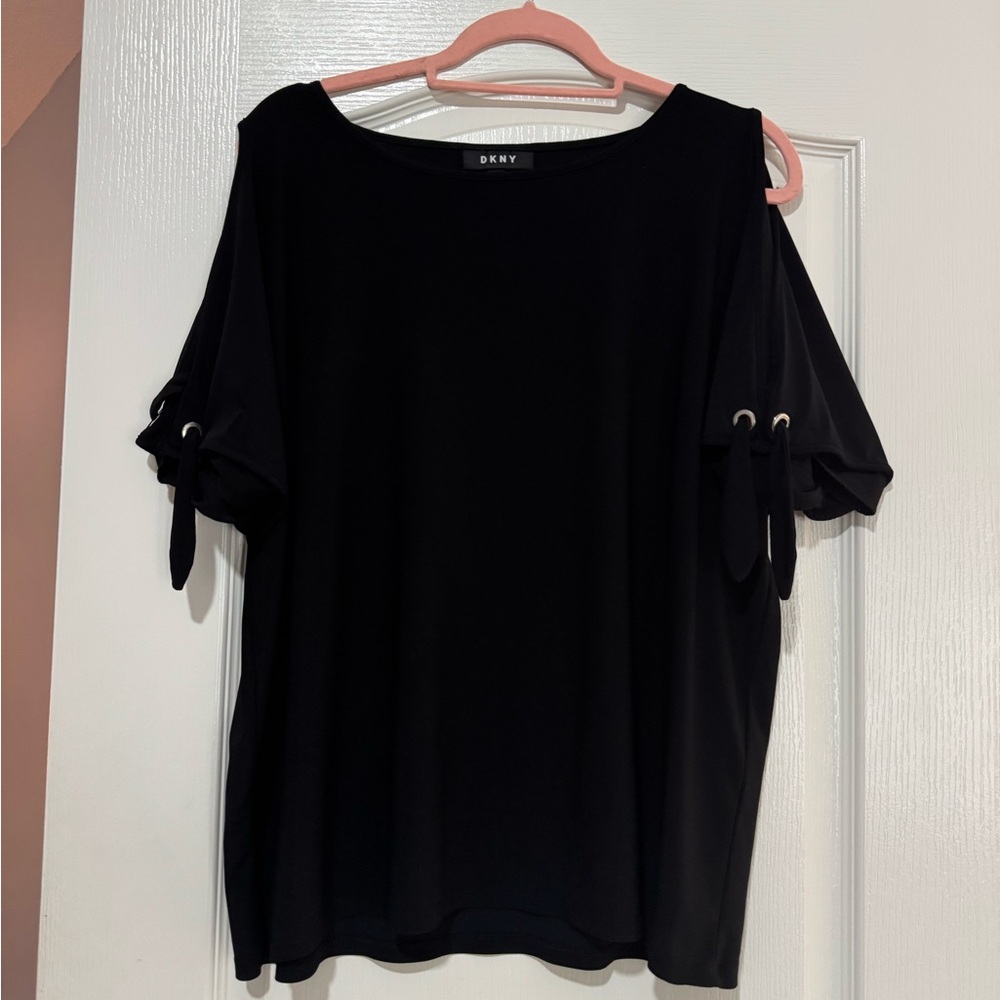 DKNY Black Cold Shoulder Blouse with Tie Sleeve Accents